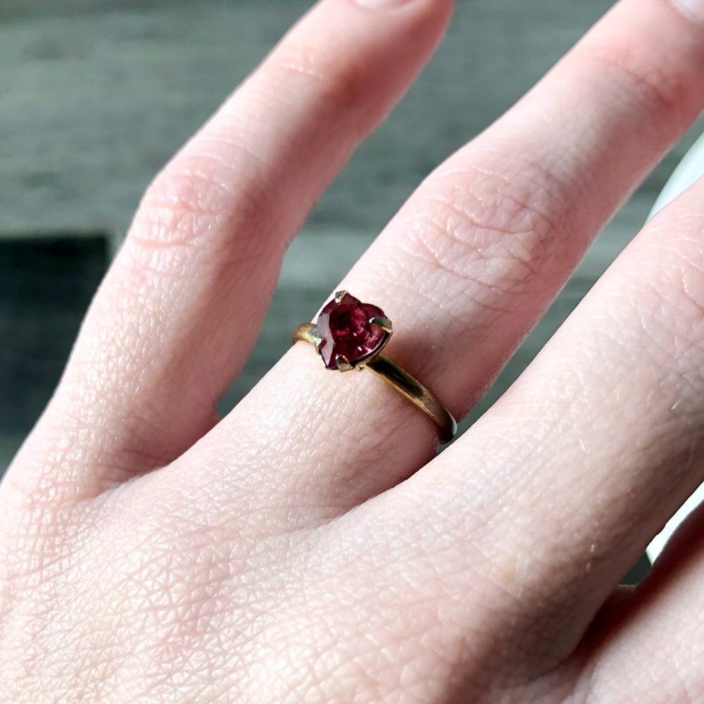 Vintage 1990s Adjustable Brass-tone Ring w/ Rose-Colored Heart Shaped Stone